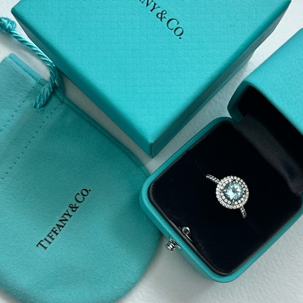$10,300 Tiffany & Co. Tiffany Soleste Ring Platinum Aquamarine Diamond Size 6